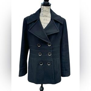 Via Spiga Black Pea Coat Double Breasted Wool Blend Womens Size 10